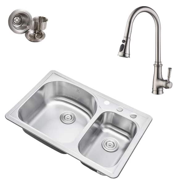eModernDecor Topmount Drop-In 18-Gauge Stainless Steel 33 in. x 22 in. 3-Hole 70/30 Offset Double Bowl Kitchen Sink with Faucet