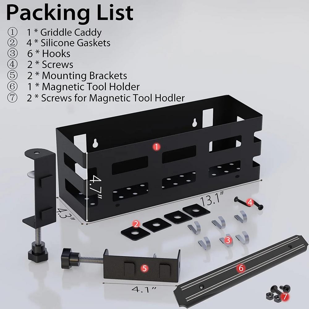 Space Saving Black Metal Grill Storage Rack with Magnetic Tool Holder
