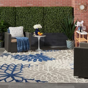 Aloha Ivory/Navy 8 ft. x 11 ft. Floral Modern Indoor/Outdoor Patio Area Rug