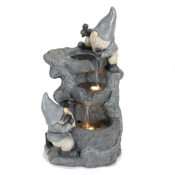 LuxenHome Gnomes Rock Polyresin Cascade Fountain with LED Lights