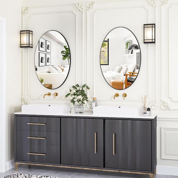 XRAMFY - 24 in. x 36 in. Oval Black Classic Aluminum Alloy Framed Wall Mirror