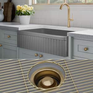 Luxury Matte Gray Solid Fireclay 33 in. Single Bowl Farmhouse Apron Kitchen Sink with Matte Gold Accs and Fluted Front