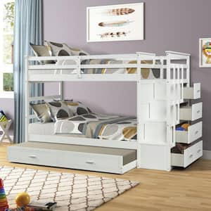 Shyann White Twin over Twin Bunk Bed with Trundle and Staircase