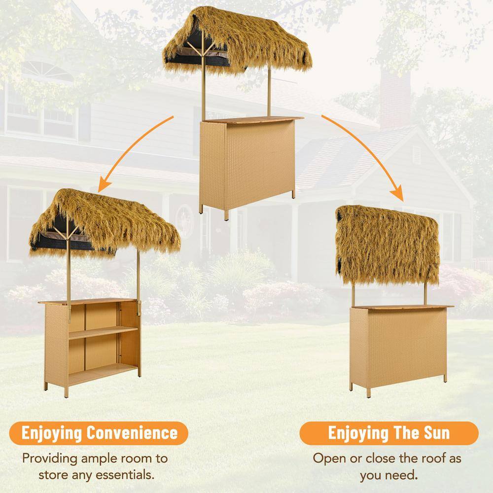 Hawaiian Style Brown Iron and Wood 3-Piece Outdoor Bar Set
