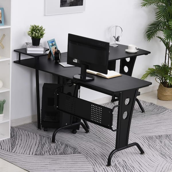 HOMCOM Office Gaming Desk L Shape Straight Corner Table Computer Work Station Laminated Sturdy w/Keyboard Tray Black