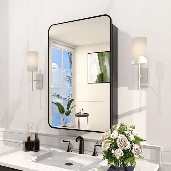 20 in. W x 26 in. H Rectangular Framed Recessed/Surface Mount Medicine Cabinet with Mirror in Matte Black