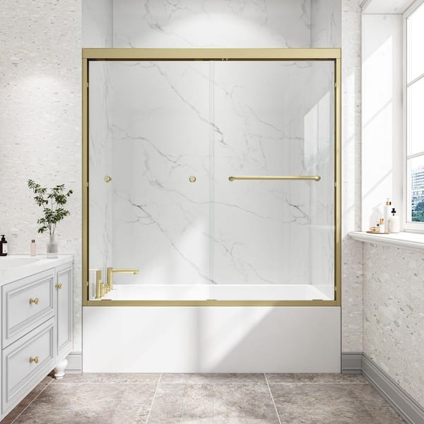 Lea 60 in. W x 60 in. H Semi Frameless Double Bypass Sliding Tub Door in Brushed Gold with Tempered Glass