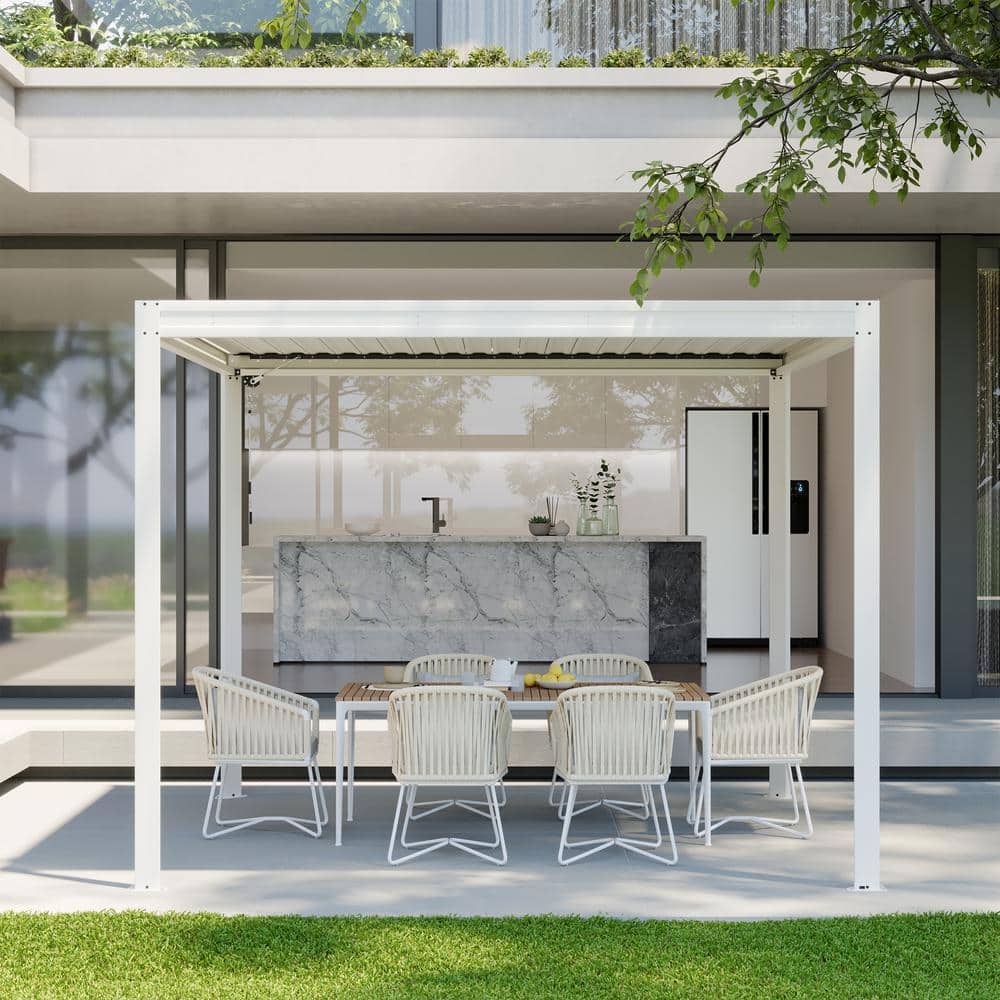 White 10' x 10' Aluminum Louvered Pergola with Adjustable Roof