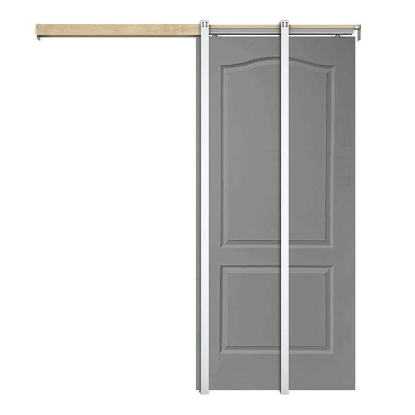 CALHOME 36 in. x 80 in. Light Gray Painted Composite MDF 2PANEL Arch Top Sliding Door with Pocket Door Frame and Hardware Kit