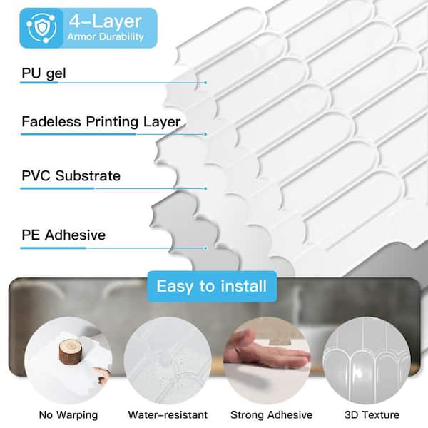 White 12 in. x 12 in. Vinyl Peel and Stick Backsplash, Self-Adhesive Wall Tiles for Kitchen Bathroom (10-Pack)