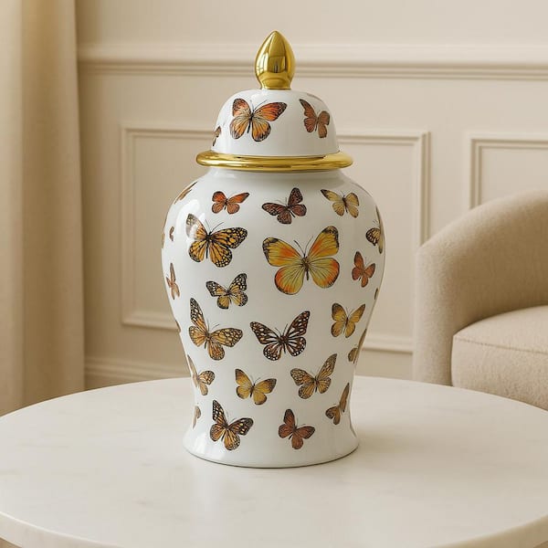 18 in. Multi-Colored Ceramic Butterflies Temple Jar