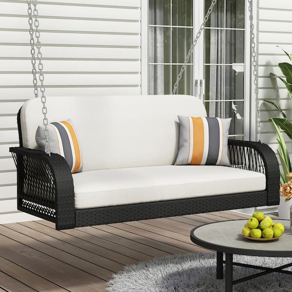 2-Seater Ourdoor Wicker Porch Swing with Chains, Cushions, Patio Furniture Swing for Backyard Garden, Hanging Bench