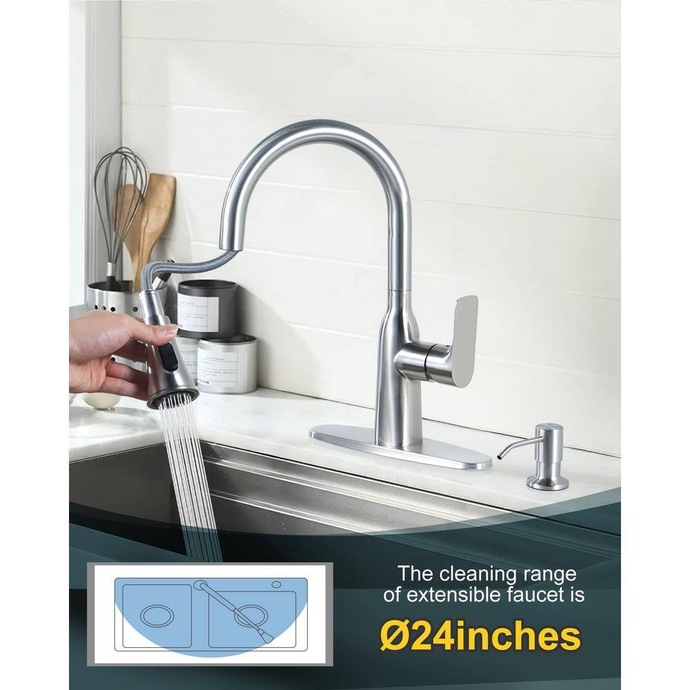 Brushed Nickel Stainless Steel Pull Down Kitchen Faucet with Soap Dispenser