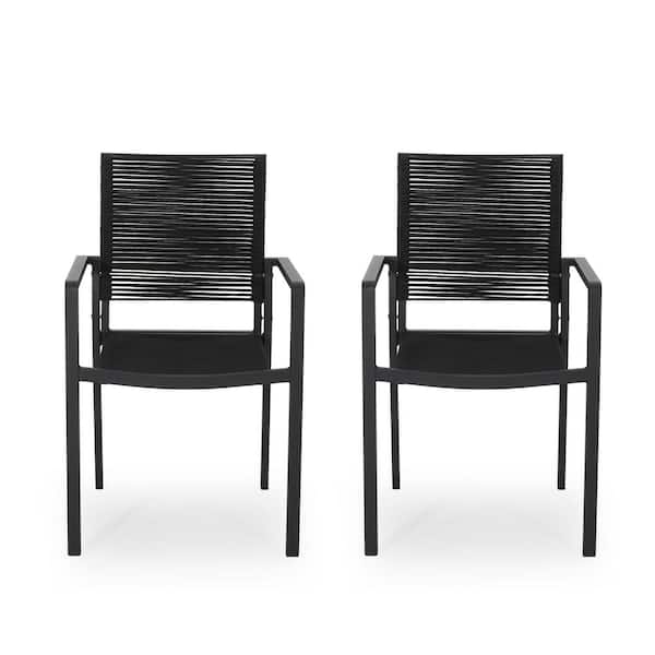 Unbranded Modern Design Aluminum Frame Outdoor Dining Chair with Handcrafted Rope Weave Seat And Rust-Resistant in Black Set of 2