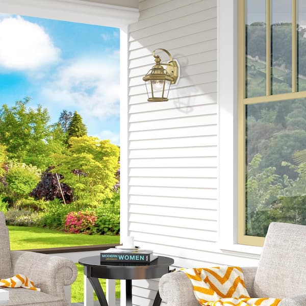 Cresthill 12 in. 1-Light Antique Brass Outdoor Hardwired Wall Lantern with No Bulbs Included