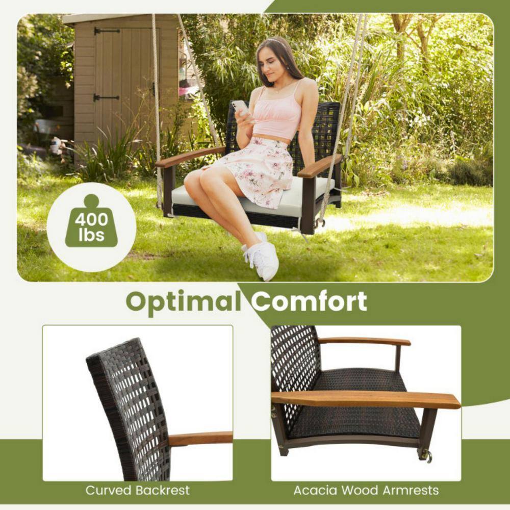 Single Off-White Rattan Porch Swing with Acacia Wood Armrests