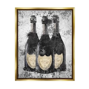 Champagne Bottles Grey Gold Ink Illustration by Amanda Greenwood Floater Frame Food Wall Art Print 25 in. x 31 in.