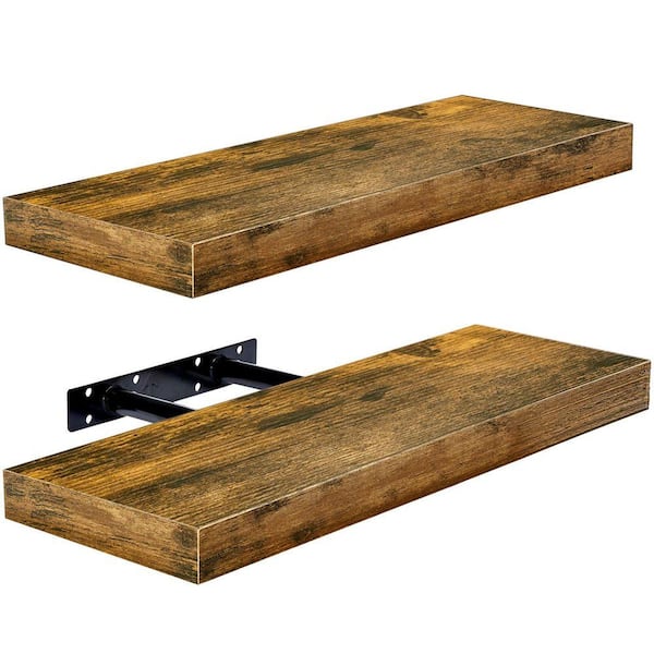 Set of 2 Floating Shelves, Wall Mounted for Home Decor, 16.25 in. W x 5.5 in. D Walnut Wood Decorative Wall Shelf