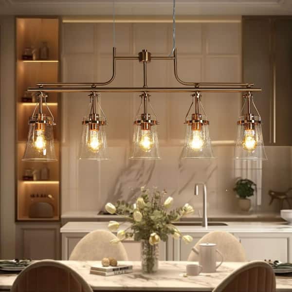LNC Auisre Modern 37.8 in. 5-Light Plated Brass Linear Chandelier for Kitchen Island with Classic Bell Seeded Glass Shades