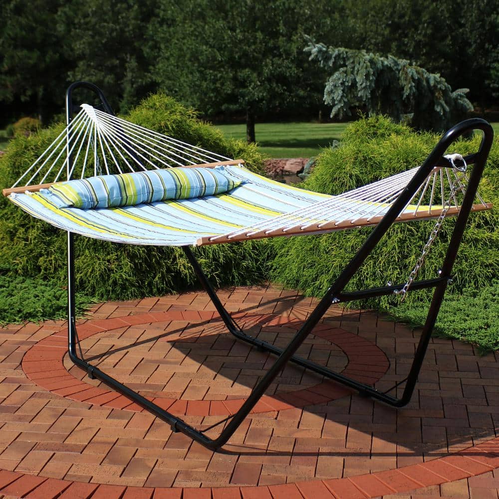 Blue and Green Quilted Fabric Double Hammock with Steel Stand
