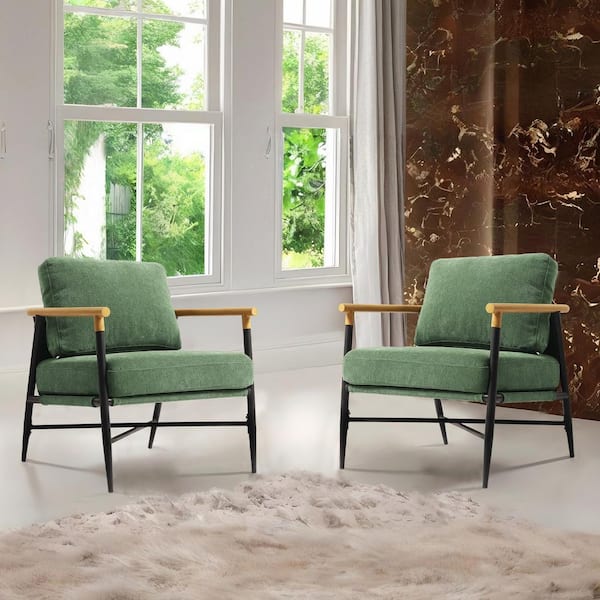 Modern Green Cotton Fabric Upholstered Arm Chair with Metal Base(Set of 2)