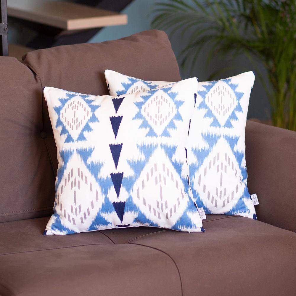 Blue and White Ikat Polyester Square Pillow Covers
