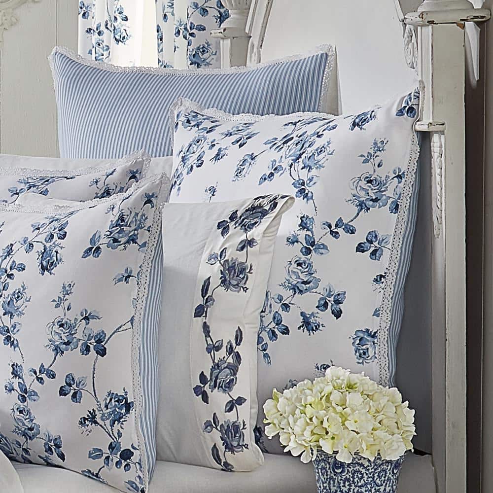 French Blue Floral Polyester Euro Sham with Crochet Hem