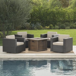 Achton Dark Brown 5-Piece Metal Patio Fire Pit Seating Set with Beige Cushions