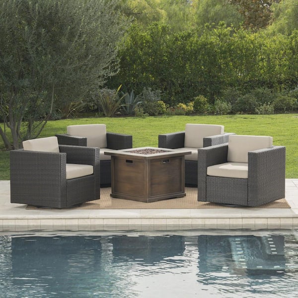 Noble House Achton Dark Brown 5-Piece Metal Patio Fire Pit Seating Set with Beige Cushions