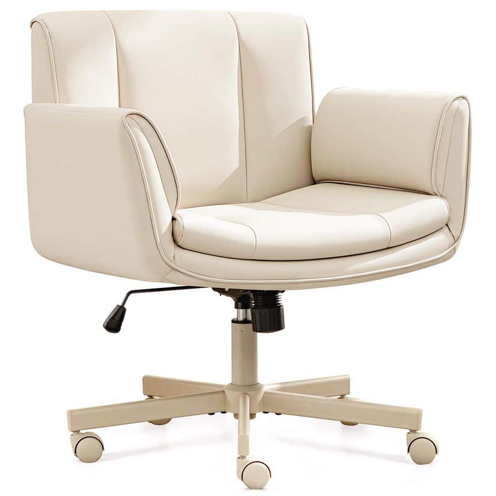 PU Leather Cushioned Cross-Legged Ergonomic Executive Chair in White Beige with Wheels and Armrests