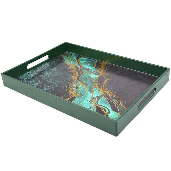 15.7 in. Marble Green Plastic Decorative Platter with Handles (Set of 1)