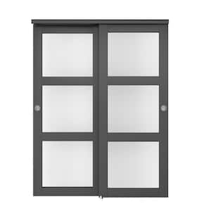 72 in. x 80 in. 3-Lite Frosted Tempered Glass Sliding Double Bypass Closet Doors with Installation Hardware Kit