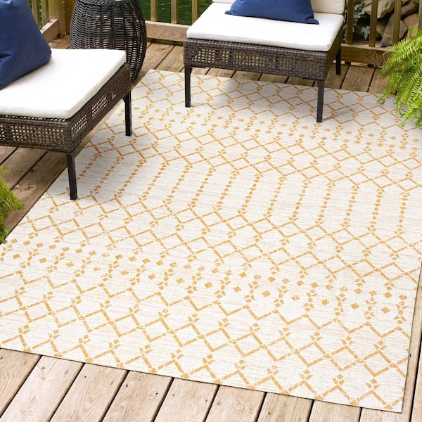 Ourika Moroccan Geometric Textured Weave Cream/Yellow 9 ft. x 12 ft. Indoor/Outdoor Area Rug