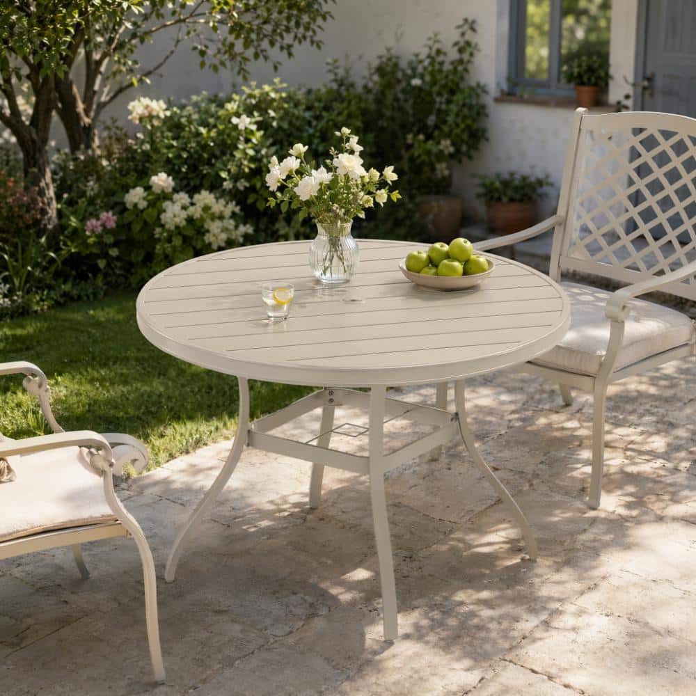 52.95 in W Sandstone Color Round Metal Outdoor Dining Table with Umbrella Hole All Weather for 6 and 7 People price history on PriceWatchPro