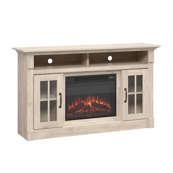 SAUDER 60 in. Chalk Oak TV Stand with Framed Glass Doors Fits TV's up to 65 in. with Fireplace Insert