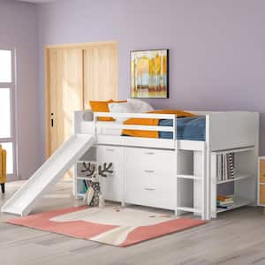 White Low Twin Size Loft Bed with Drawers, Shelves and Slide