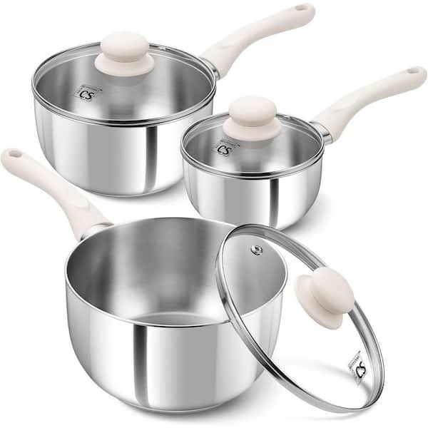 6-piece Stainless Steel Saucepan Set with Cream White Bakelite Handles Induction Ready Mirror Finish Lids
