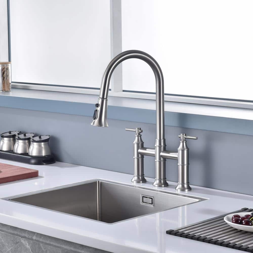 Brushed Nickel Double Handle Bridge Kitchen Faucet with Pull-out Spray