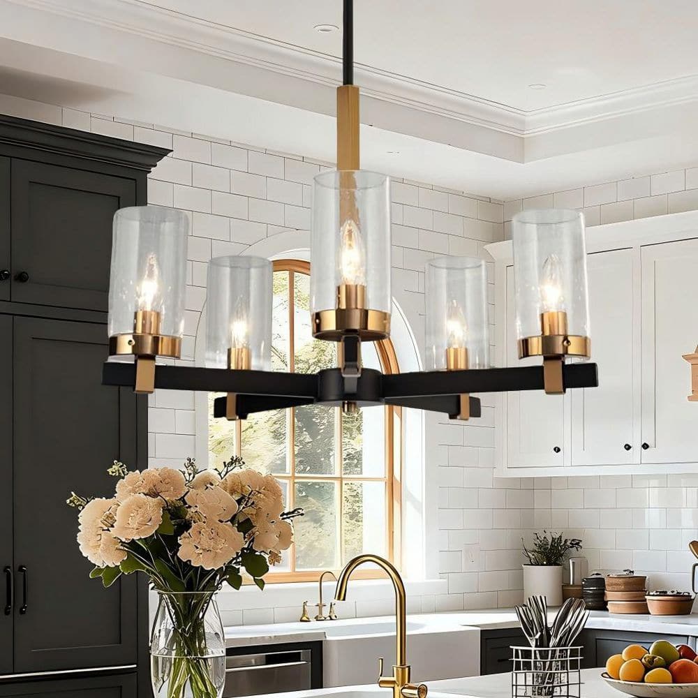 Zevni 22 in. 5-Light Brass Gold Dining Room Chandelier, Seeded
