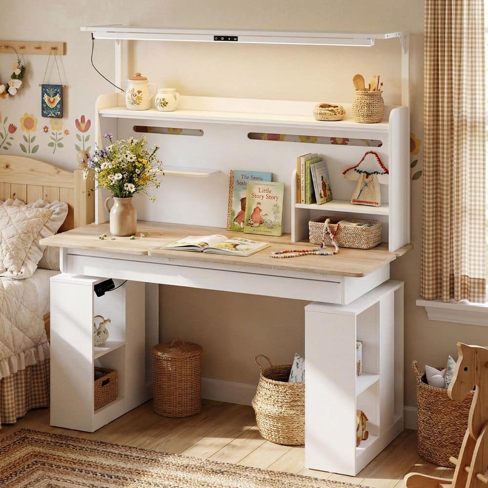 FUFU&GAGA 55.1 in. Rectangular White Wood Desk with Adjustable