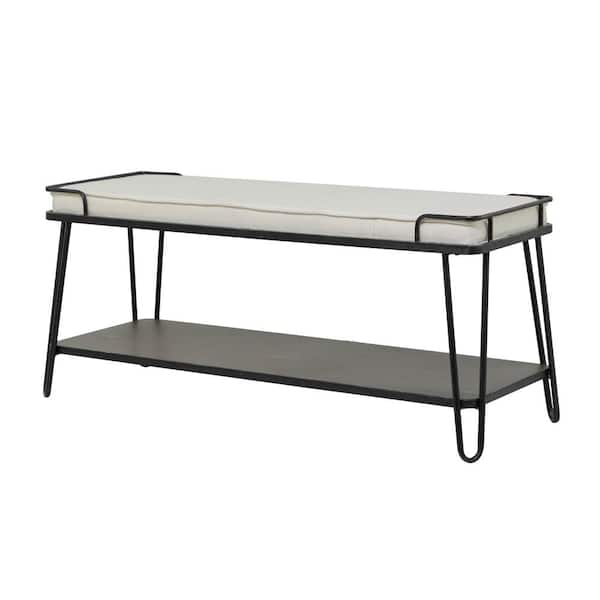 Litton Lane Black Single Shelf Bench with White Upholstered Seat 21 in. X 49 in. X 16 in.