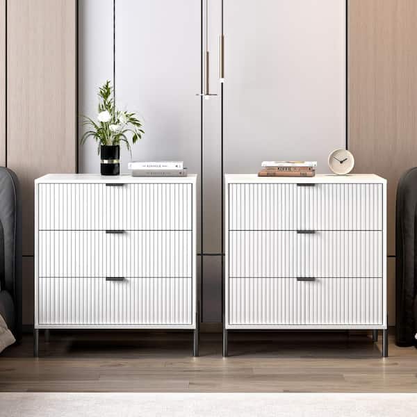 FESTIVO Modern Accent Off-White 3-Drawers 28 in. W Nightstand with Stylish Black Metal Handle (Set of 2)