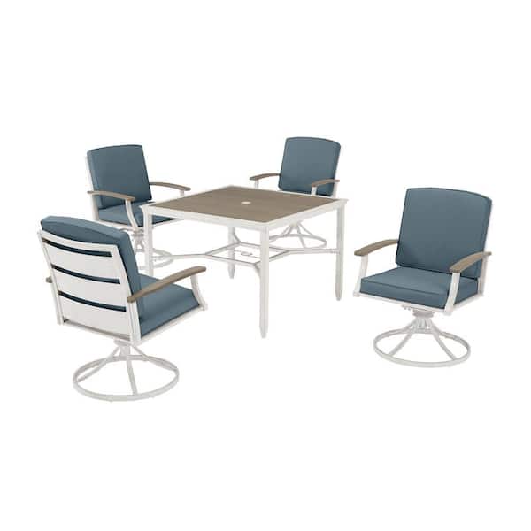 Hampton Bay Marina Point 5-Piece White Steel Outdoor Patio Dining Set with Sunbrella Denim Cushions and Painted White Steel Tabletop