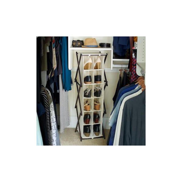 Household Essentials 41.5 in. H 12-Pair 12-Tier Off White Canvas Shoe Rack, Natural and Silver