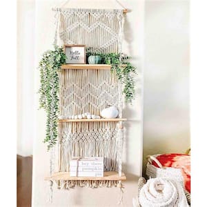 17 in. W x 7 in. D 3 Tier Wood Decorative Wall Shelf with Handmade Woven Rope - Boho Shelves Organizer Hanger
