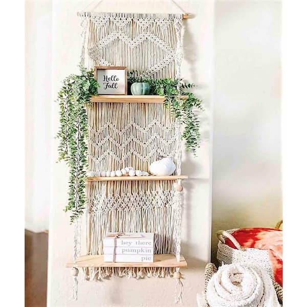 Unbranded 17 in. W x 7 in. D 3 Tier Wood Decorative Wall Shelf with Handmade Woven Rope - Boho Shelves Organizer Hanger