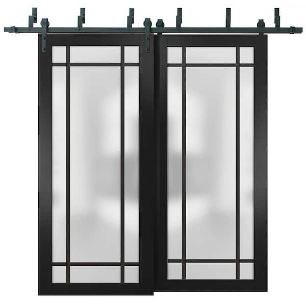 36 in. x 84 in. 2 Panel Frosted Glass Black Matte Solid Wood Sliding Barn Door with Hardware Kit