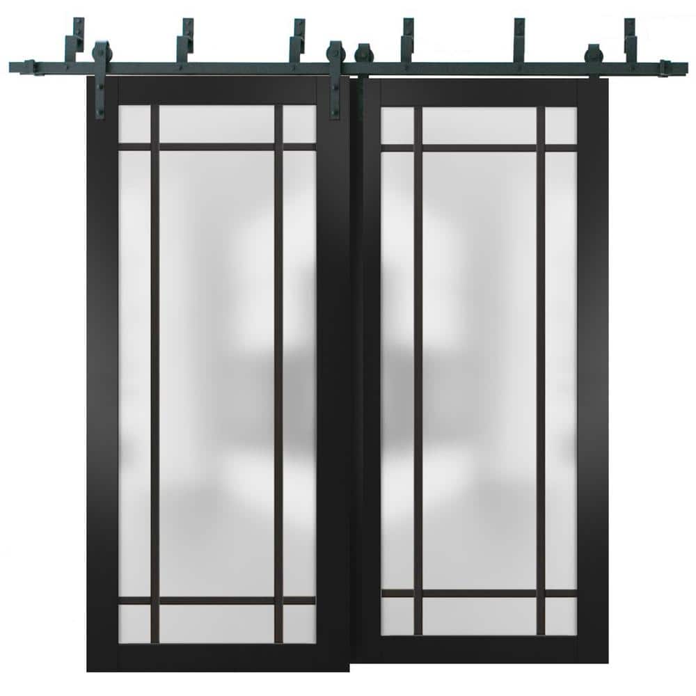 60 in. x 84 in. 2 Panel Frosted Glass Black Matte Solid Wood Sliding Barn Door with Hardware Kit price history on PriceWatchPro