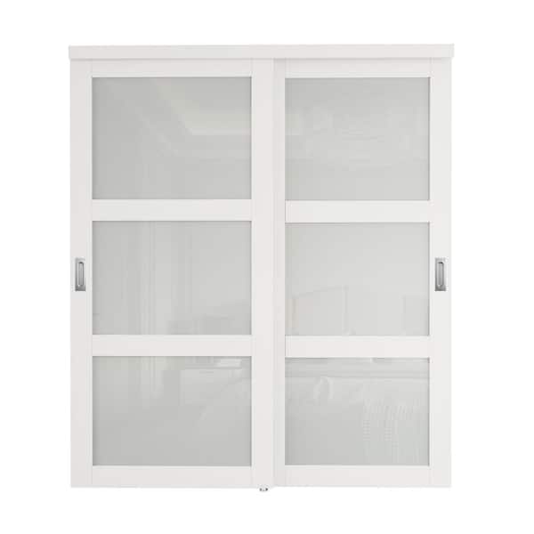 ARK DESIGN 72 in. x 80 in. 3-Lite Frosted Glass White Finished MDF Interior Closet Sliding Door with Hardware and Sliver Handles