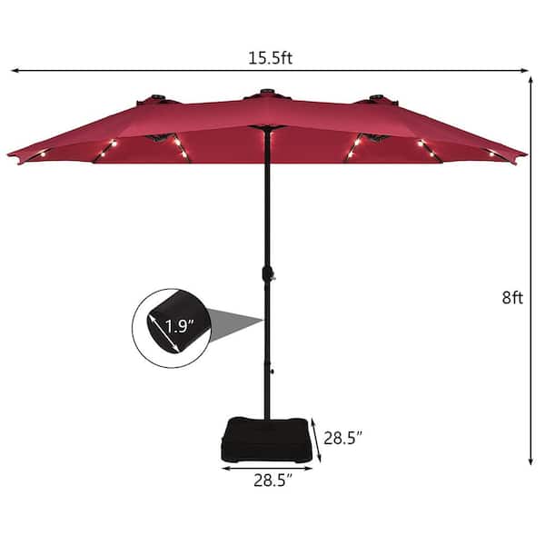 15Ft Patio Double-Sided Solar LED Market Umbrella 36 Lights with Base Burgundy 